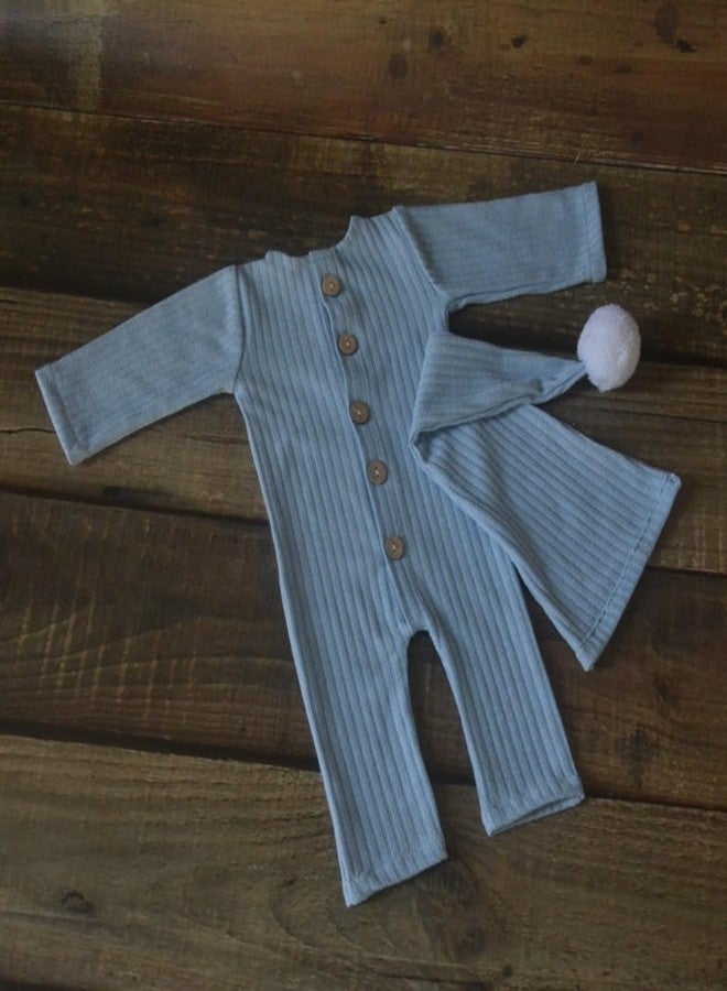 Vedory Newborn Baby Photo Shoot Props Girl Boy Crochet Knit Hat Costume Stripe Hat Pants Overalls Photography Props (Baby blue) - Image 4